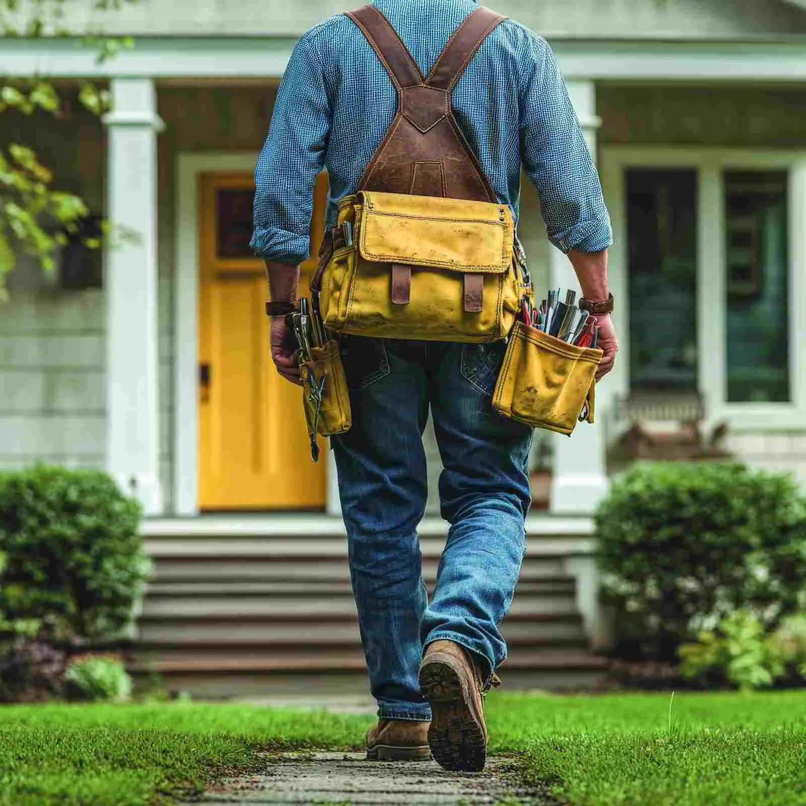 Handyman with a tool backpack walking up to a house